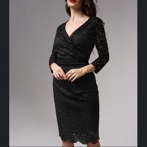 Miusol Black Lace  3/4 Length Sleeve V Neck Crossover Dress Large